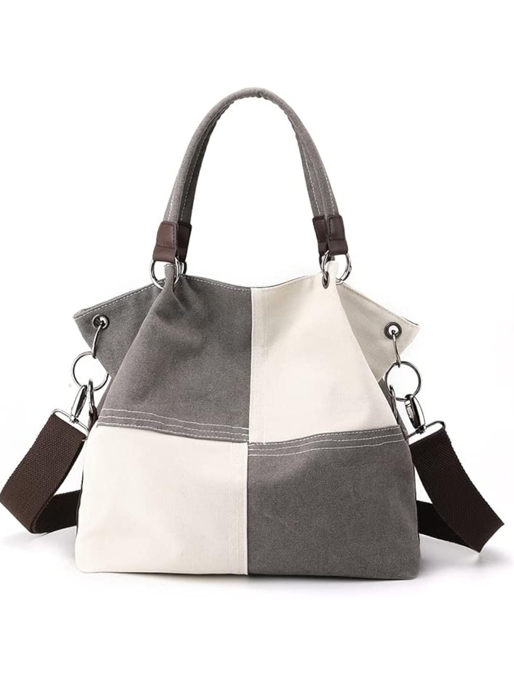 Canvas Patchwork Tote Bag in Gray and Cream